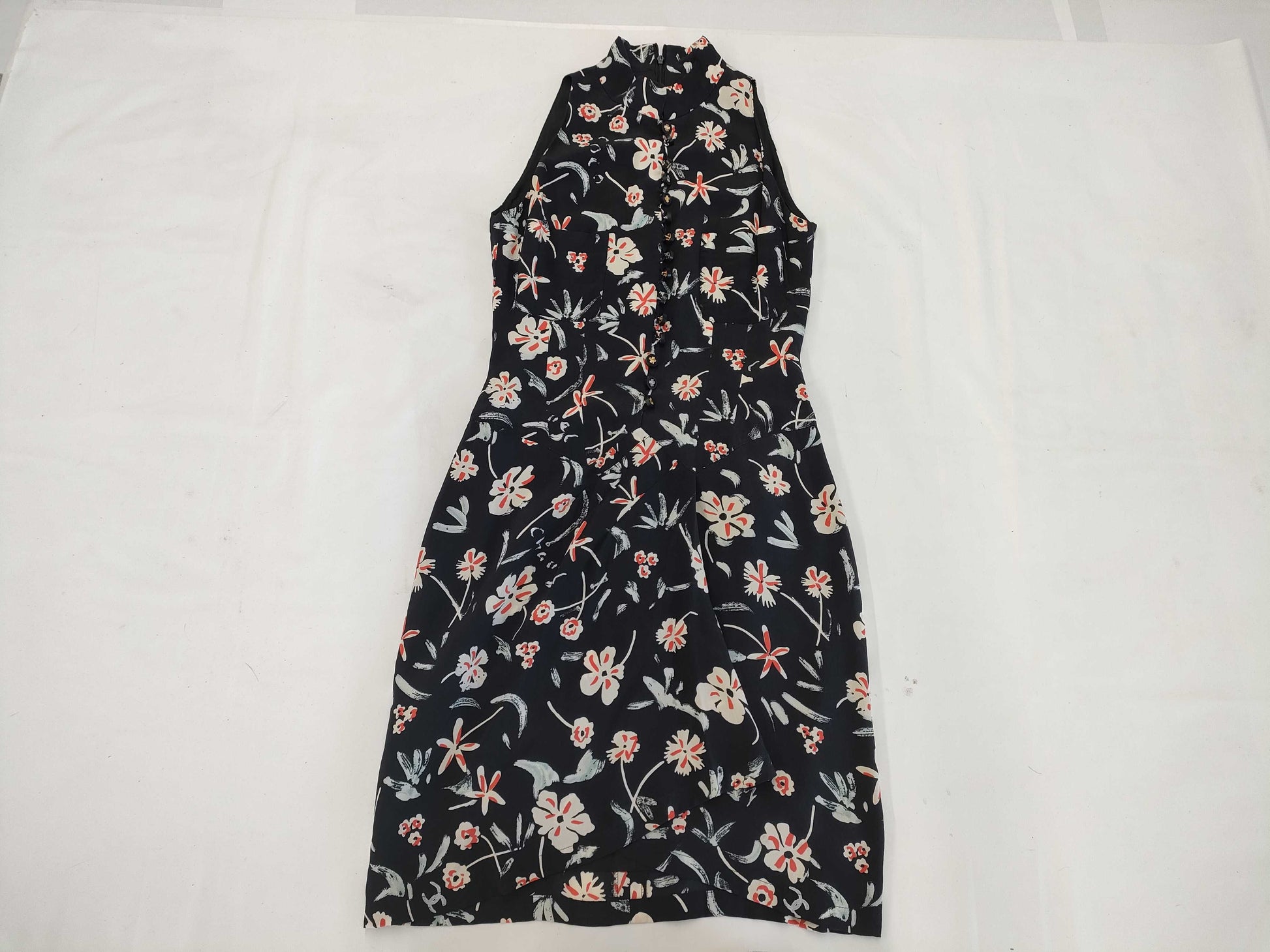 CHANEL CHANEL Floral Print Sleeveless Dress Silk Coco Mark Black Size 34 Dress