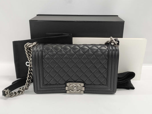 CHANEL Boy Chanel 25 Matelasse Caviar Leather Shoulder Bag, Black, Silver Hardware, A67086, No. 29