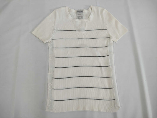 CHANEL CHANEL P23260 Short Sleeve Sweater with Coco Mark Mesh, White/Navy, Size 38, Tops