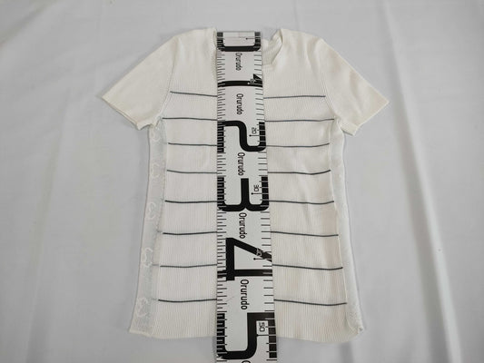 CHANEL CHANEL P23260 Short Sleeve Sweater with Coco Mark Mesh, White/Navy, Size 38, Tops