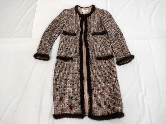 CHANEL Vintage Mohair Blend Tweed Coat with Silk Lining and Mink Trim, Size 38