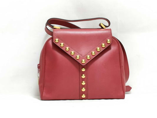 SAINT LAURENT TH - Saint Laurent Leather Studded Shoulder Bag Red Shoulder Bag