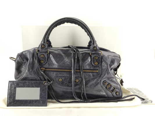 BALENCIAGA The City Leather 2-Way Handbag, Navy, 123523, with Mirror