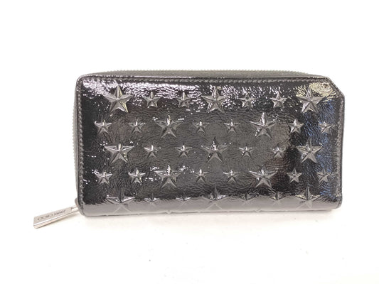 JIMMY CHOO Enamel Round Zip Long Wallet Black Wallet