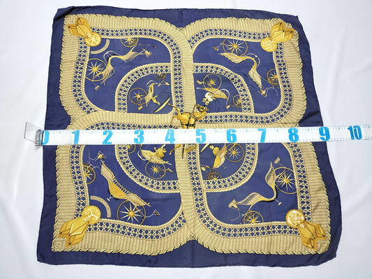 HERMES Carre 90 VOITURES PANIERS Silk Scarf Blue x Gold Scarf
