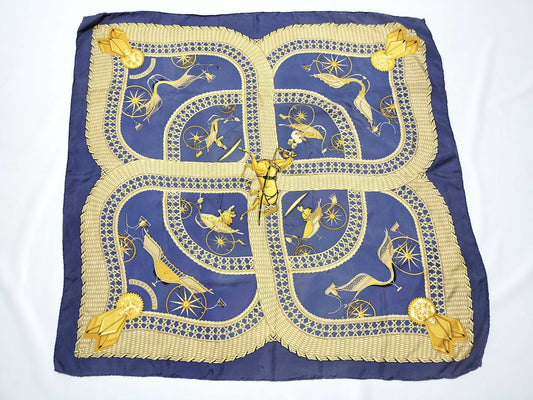HERMES Carre 90 VOITURES PANIERS Silk Scarf Blue x Gold Scarf