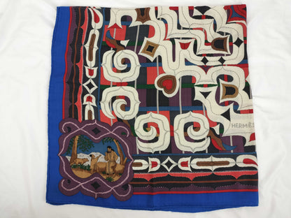 HERMES Ainu Heart Cashmere and Silk Stole Blue and Multicolor Scarf