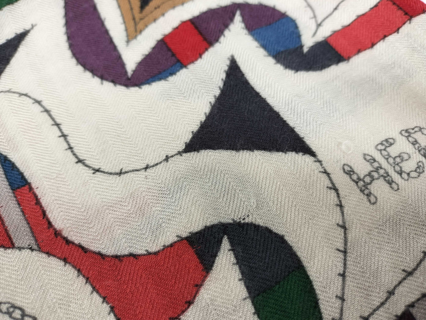 HERMES Ainu Heart Cashmere and Silk Stole Blue and Multicolor Scarf