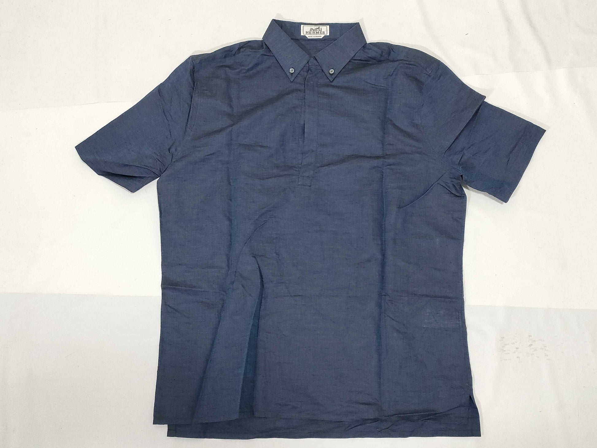HERMES Cotton and Linen Short Sleeve Shirt Blue Tops