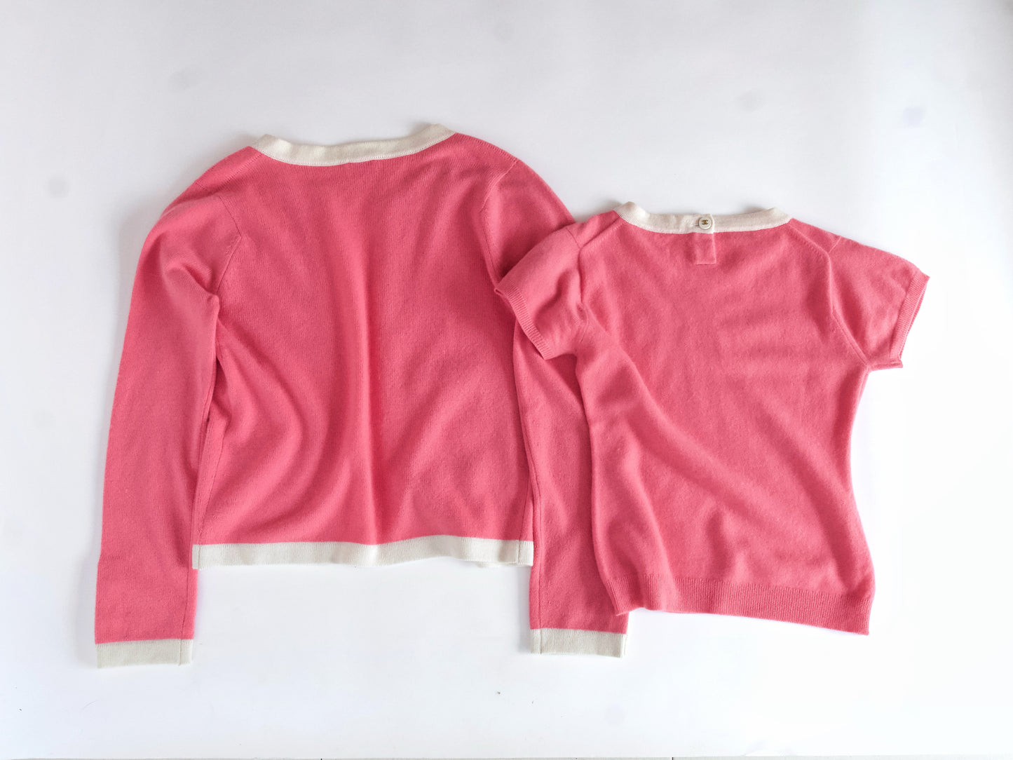 CHANEL 95C Cashmere Ensemble, Size 38, CC Button, Pink/Ivory Cardigan