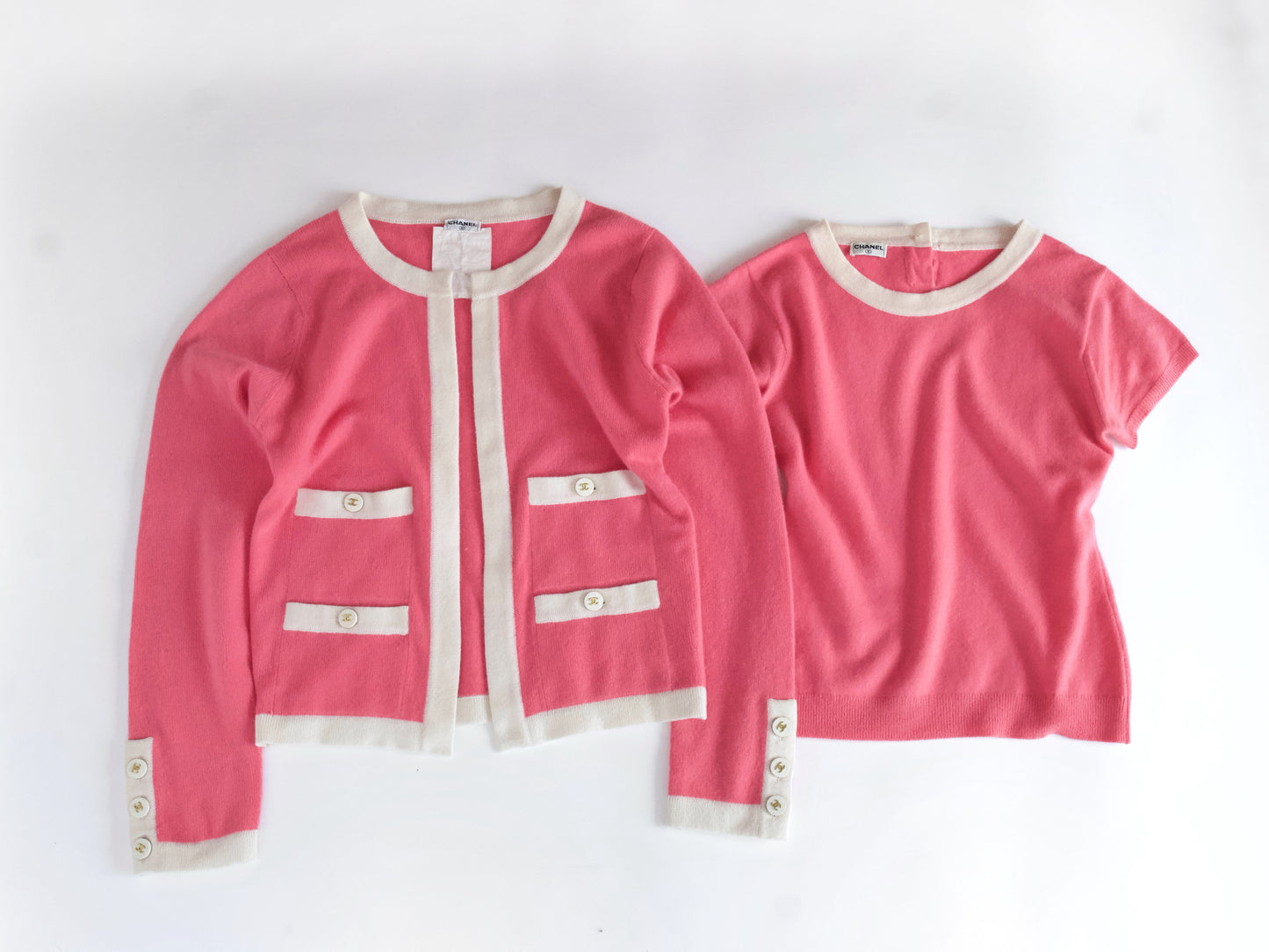 CHANEL 95C Cashmere Ensemble, Size 38, CC Button, Pink/Ivory Cardigan