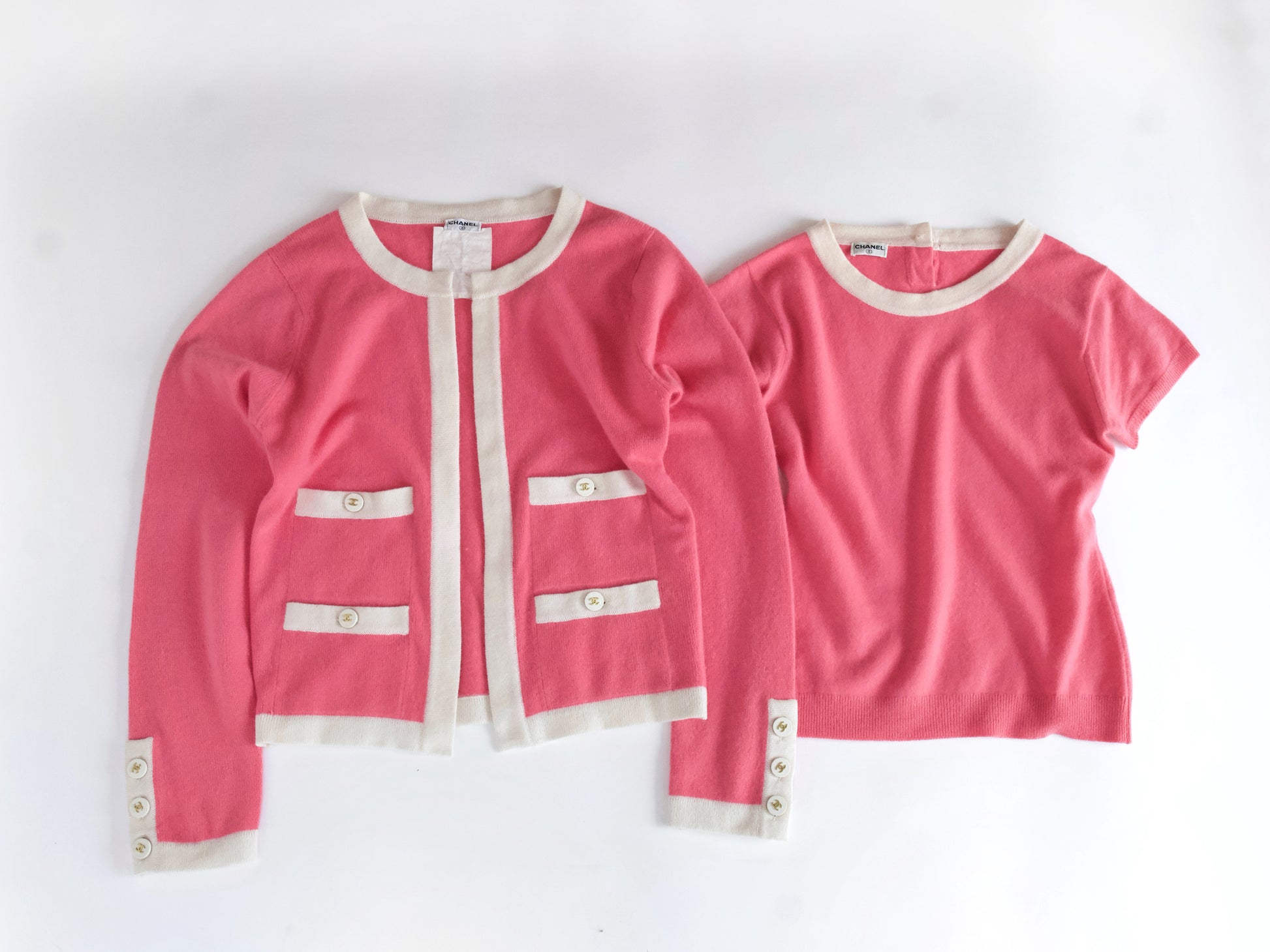 CHANEL 95C Cashmere Ensemble, Size 38, CC Button, Pink/Ivory Cardigan
