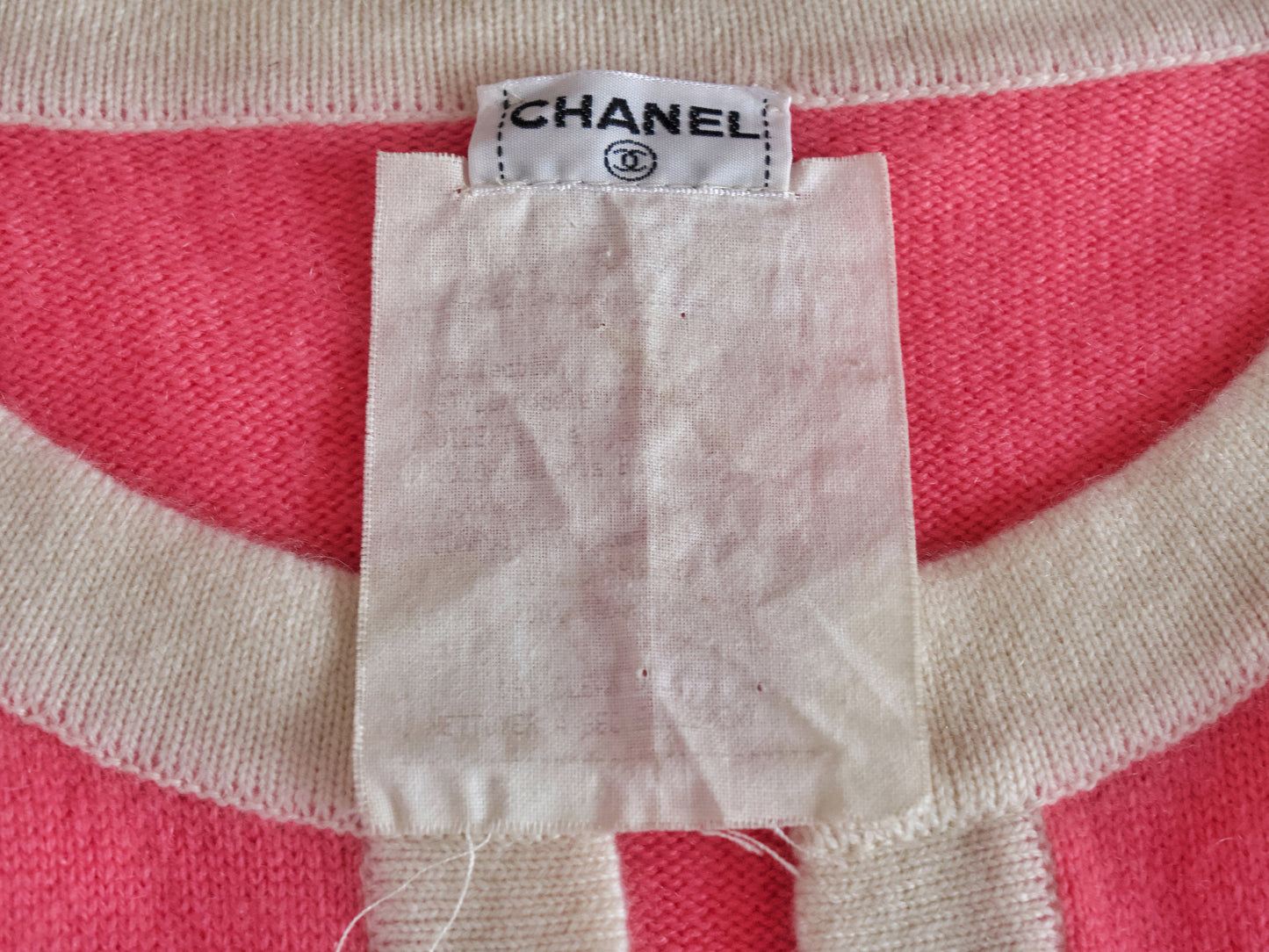 CHANEL 95C Cashmere Ensemble, Size 38, CC Button, Pink/Ivory Cardigan