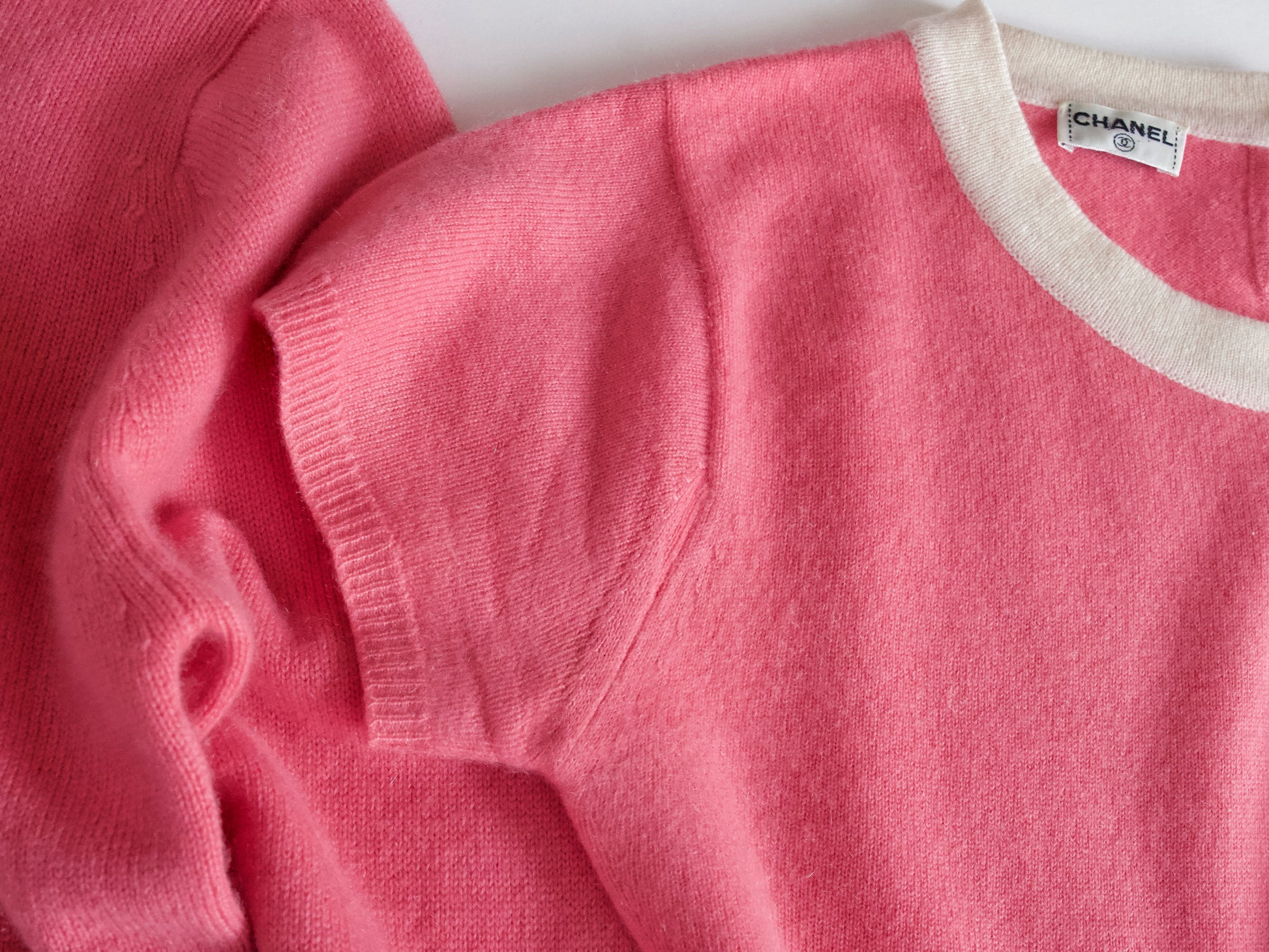 CHANEL 95C Cashmere Ensemble, Size 38, CC Button, Pink/Ivory Cardigan