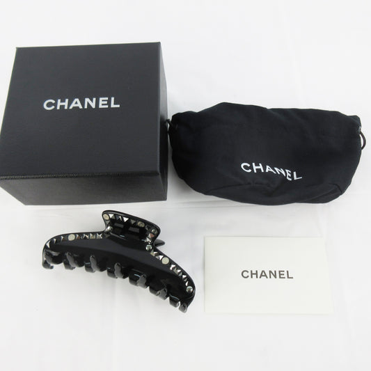 (10311_0064) CHANEL Hair Clip Barrette with Coco Mark Studs and Logo, Black Hair Accessory