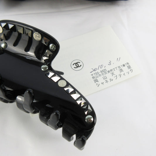 (10311_0064) CHANEL Hair Clip Barrette with Coco Mark Studs and Logo, Black Hair Accessory