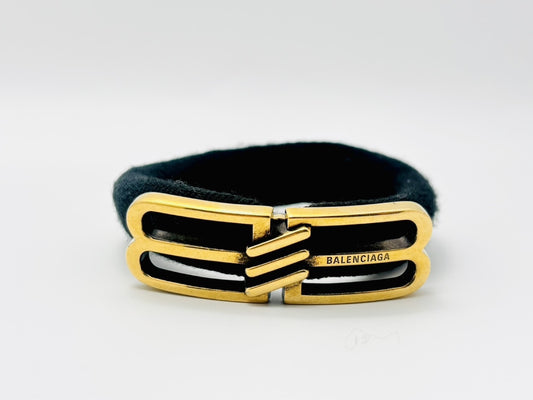 (10311_0142) BALENCIAGA BB Logo Icon Hair Tie, Gold and Black, Hair Accessory