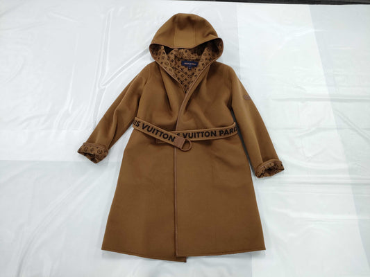 (10312_0009) LOUIS VUITTON Monogram Long Hooded Wrap Coat, Wool and Silk, Brown, #34