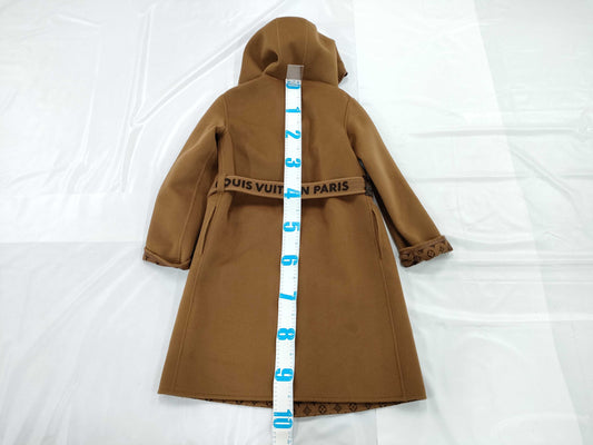 (10312_0009) LOUIS VUITTON Monogram Long Hooded Wrap Coat, Wool and Silk, Brown, #34