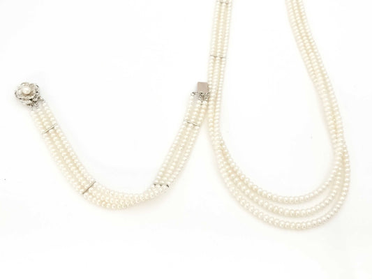 3-strand semi-round pearl necklace, approximately 3.5-3.8mm diameter, sterling silver/metal, 42.1g 