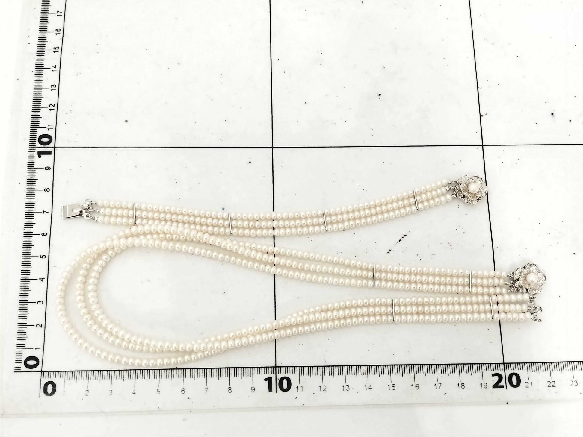 3-strand semi-round pearl necklace, approximately 3.5-3.8mm diameter, sterling silver/metal, 42.1g 
