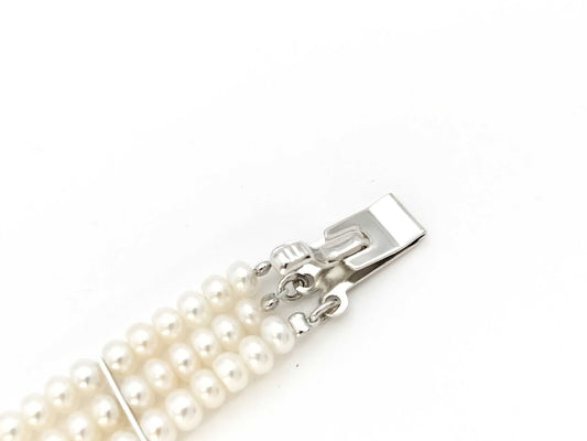 3-strand semi-round pearl necklace, approximately 3.5-3.8mm diameter, sterling silver/metal, 42.1g 