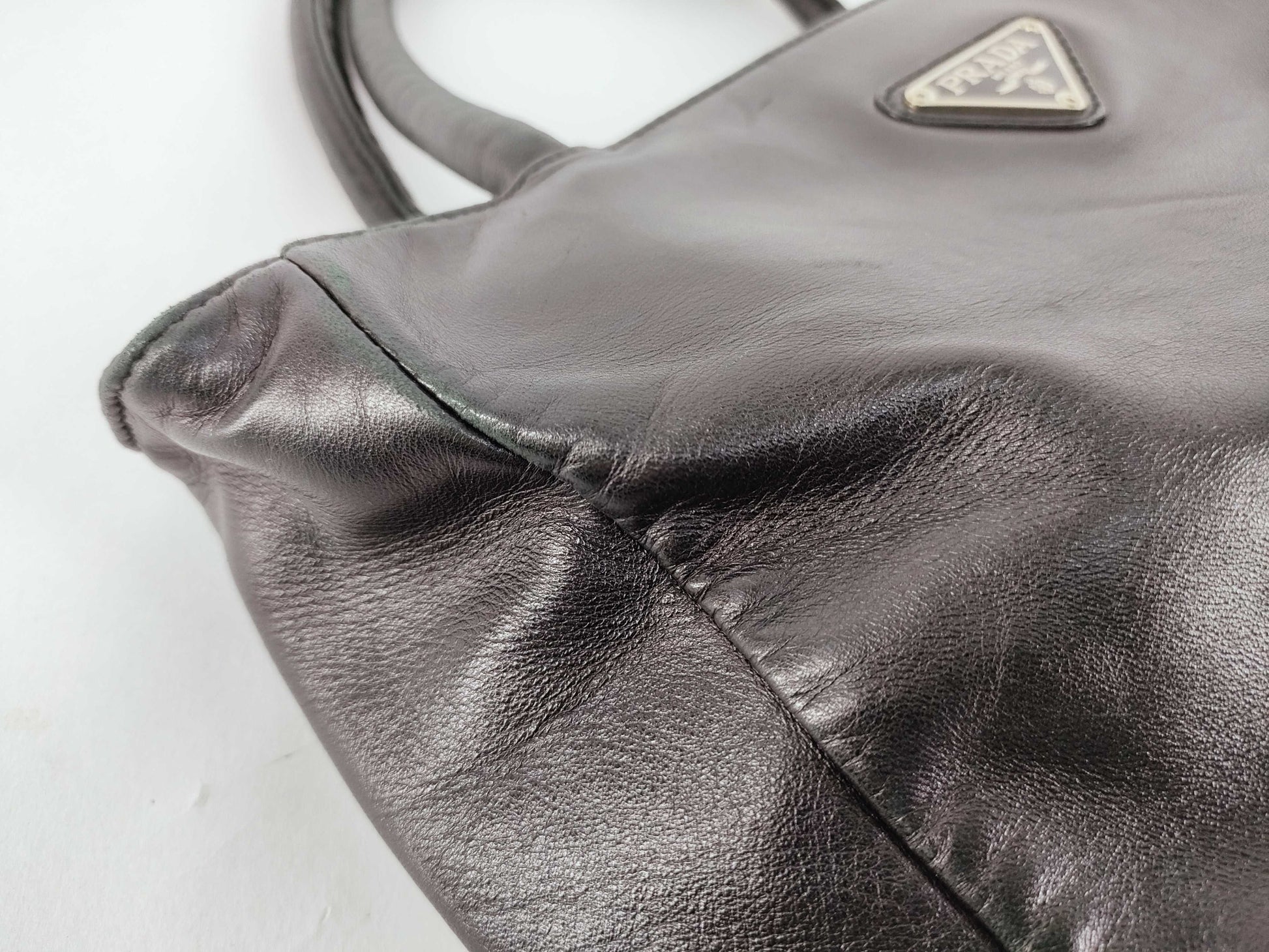 PRADA Prada Handbag with Triangle Logo, All Leather, Black, with Warranty Card