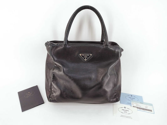 PRADA Prada Handbag with Triangle Logo, All Leather, Black, with Warranty Card