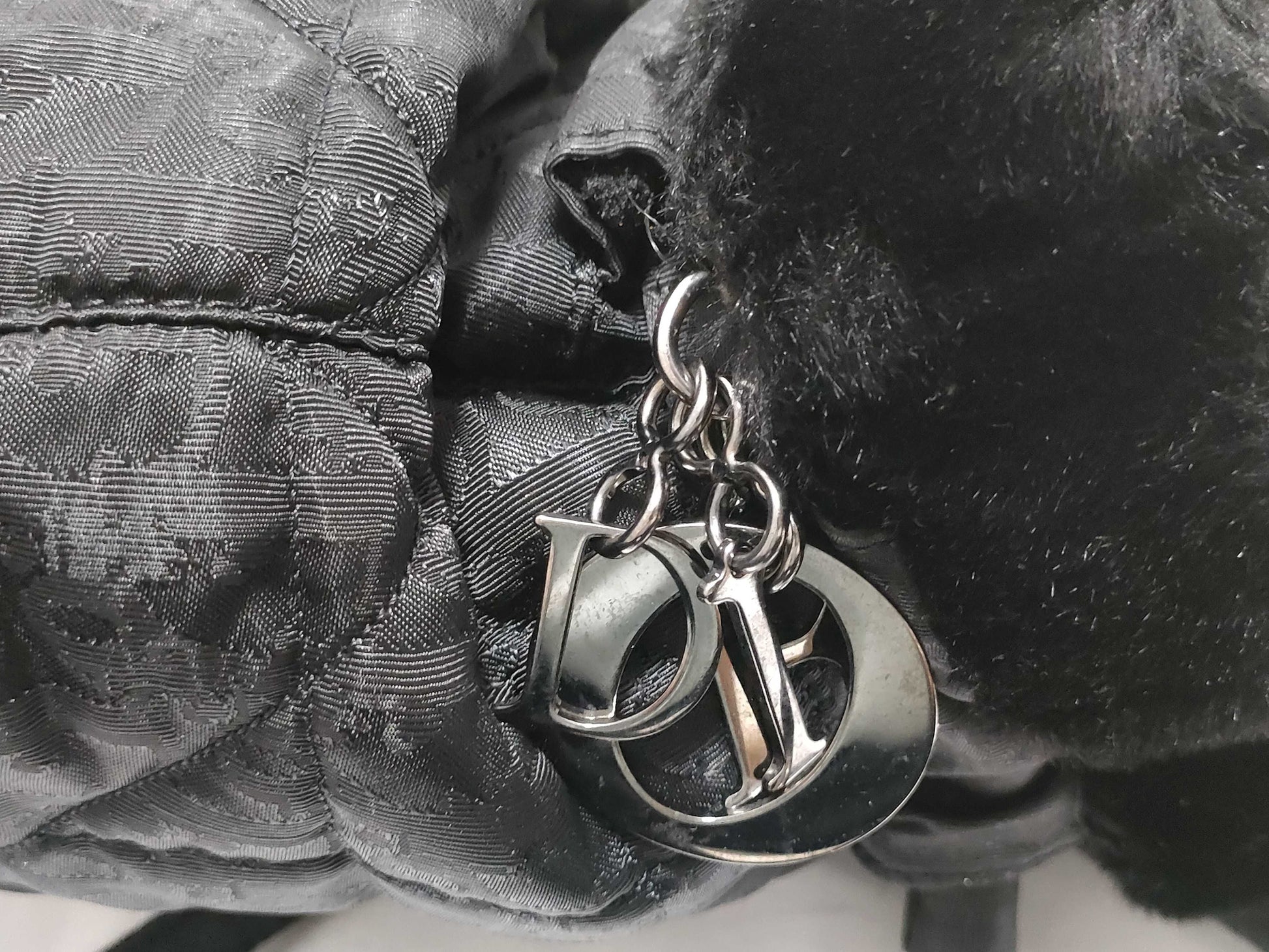  Dior Christian Dior Backpack Cannage Drawcord Fur Charm Black Backpack