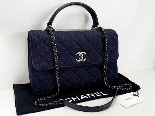 (10305_0003) CHANEL Denim Top Handle 2-Way Trendy CC Matelasse Shoulder Bag, approx. 30cm W, No. 23 [Includes strap, dust bag, and sticker], Black Silver Hardware, 23737456