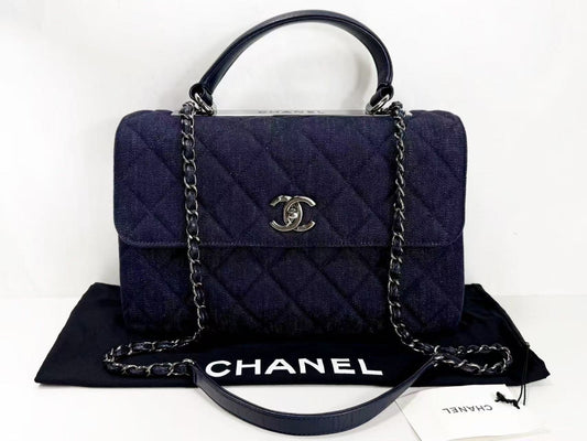 (10305_0003) CHANEL Denim Top Handle 2-Way Trendy CC Matelasse Shoulder Bag, approx. 30cm W, No. 23 [Includes strap, dust bag, and sticker], Black Silver Hardware, 23737456