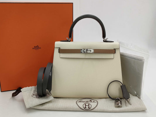 HERMES Kelly 25 Epson Tricolor Nata x Chai x Grimeyer U Stamp Shoulder Bag