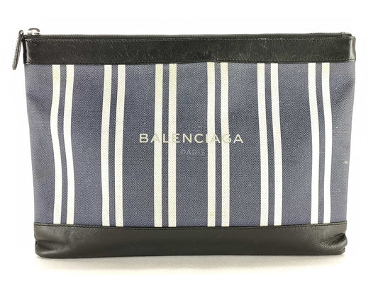 BALENCIAGA 420407 Navy Clip Canvas and Leather Clutch Handbag