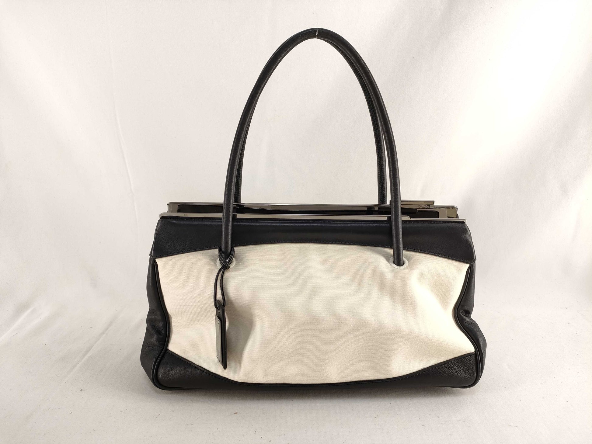 GUCCI 92726 Handbag, Plain Canvas x Leather, White/Black
