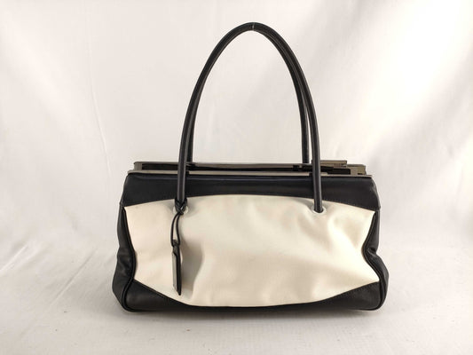 GUCCI 92726 Handbag, Plain Canvas x Leather, White/Black