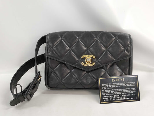 CHANEL Matelasse Waist Pouch, Belt Bag, Black, No Seal