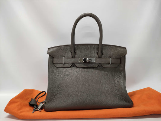 HERMES Birkin 30 Taurillon Clemence Etain Stainless Steel Handbag with Q Stamp