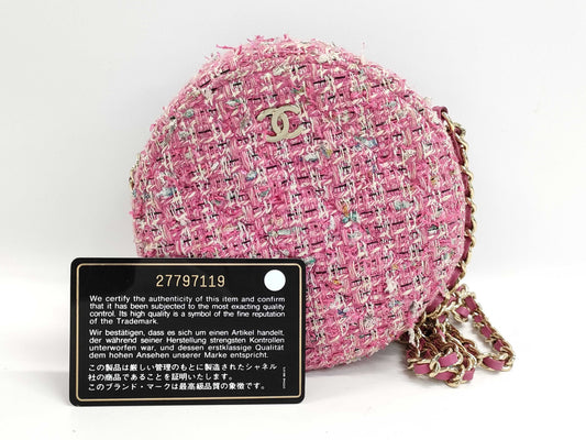 CHANEL Matelasse Round Chain Shoulder Bag Pink Tweed Bag