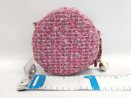 CHANEL Matelasse Round Chain Shoulder Bag Pink Tweed Bag