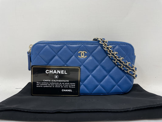 CHANEL Chain Wallet Matelasse Lambskin Blue Chain Shoulder Bag with Seal and Card