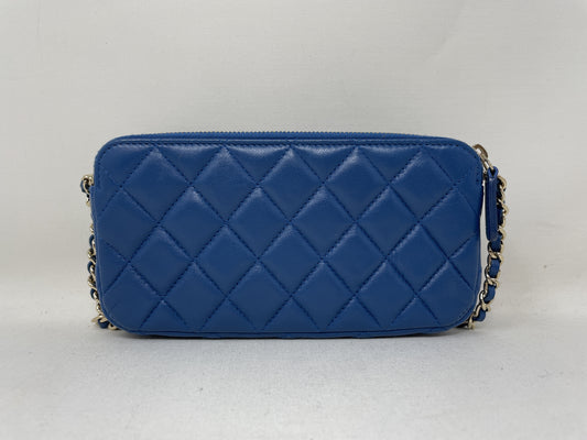 CHANEL Chain Wallet Matelasse Lambskin Blue Chain Shoulder Bag with Seal and Card