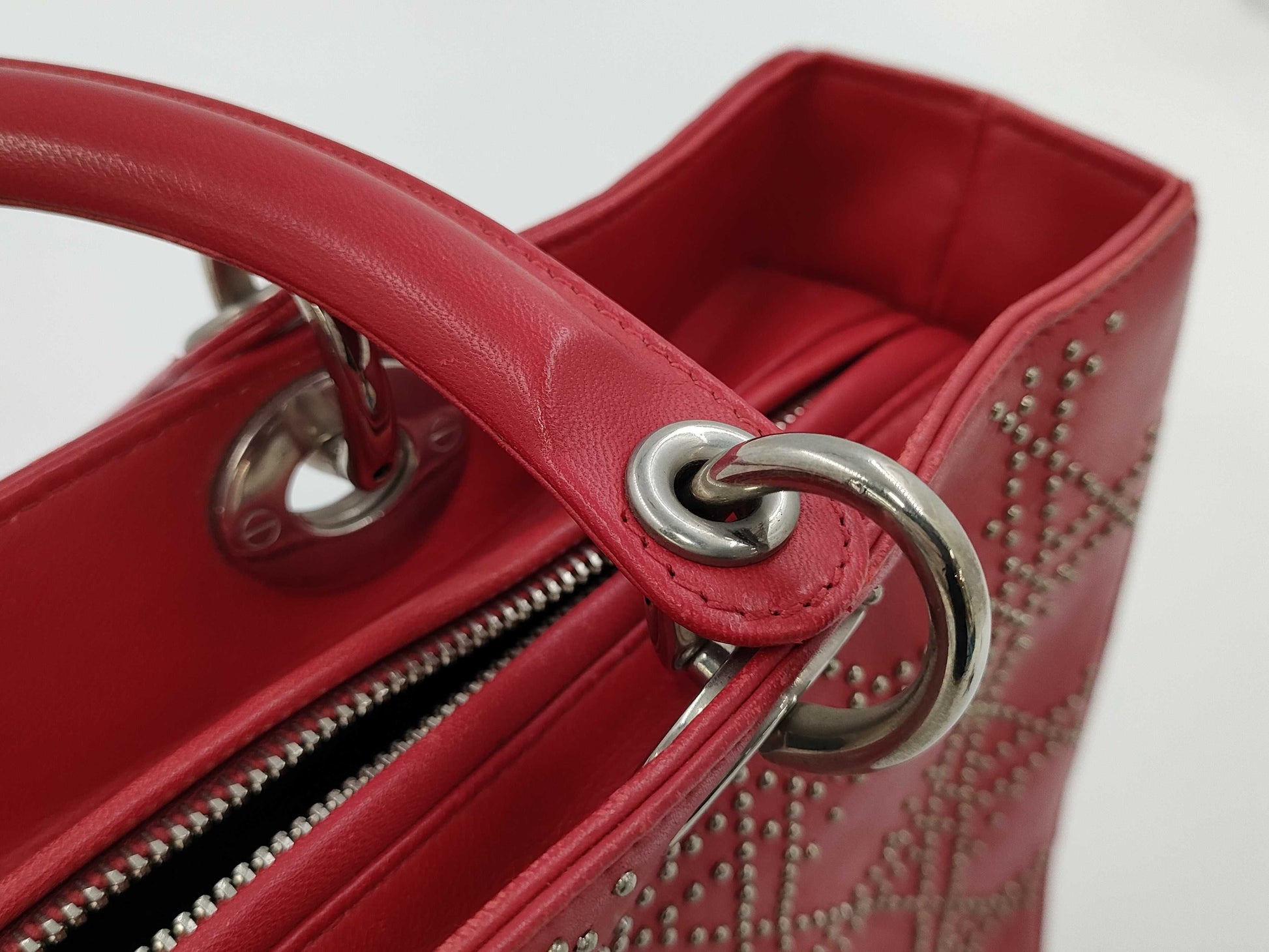 Dior Red Silver Hardware Studded Handbag