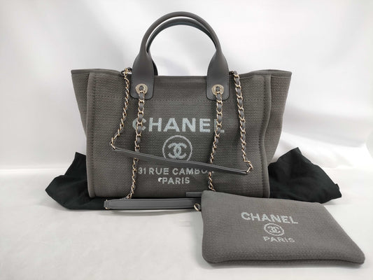 CHANEL Deauville MM Toile Gray 2-way Shoulder Bag