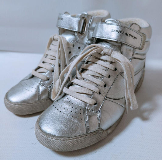 Yves Saint Laurent Silver High-Top Sneakers with Logo on Belt