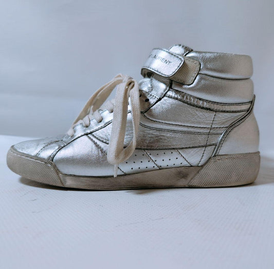 Yves Saint Laurent Silver High-Top Sneakers with Logo on Belt