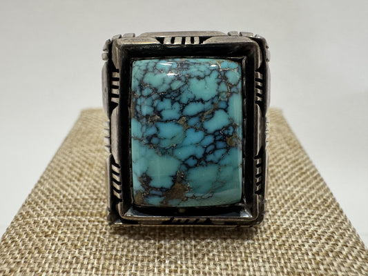 NAVAJO Fred Peters Extra Large High-Grade Natural Kingman Turquoise Ring in Sterling Silver, 20.0g