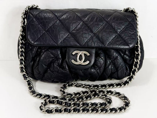 CHANEL Black Matelasse Chain Around Shoulder Bag, W30cm , No. 14, with Seal, Silver Hardware, 14381090