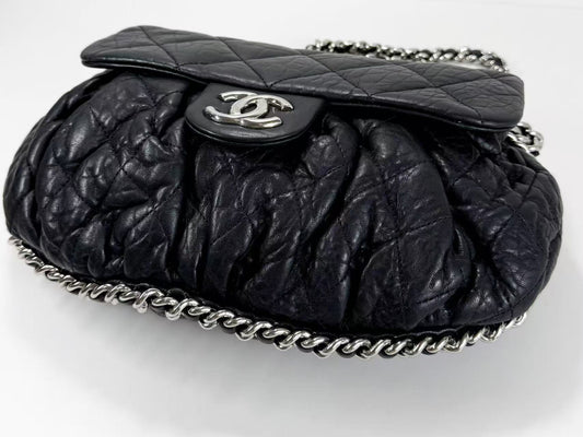 CHANEL Black Matelasse Chain Around Shoulder Bag, W30cm , No. 14, with Seal, Silver Hardware, 14381090
