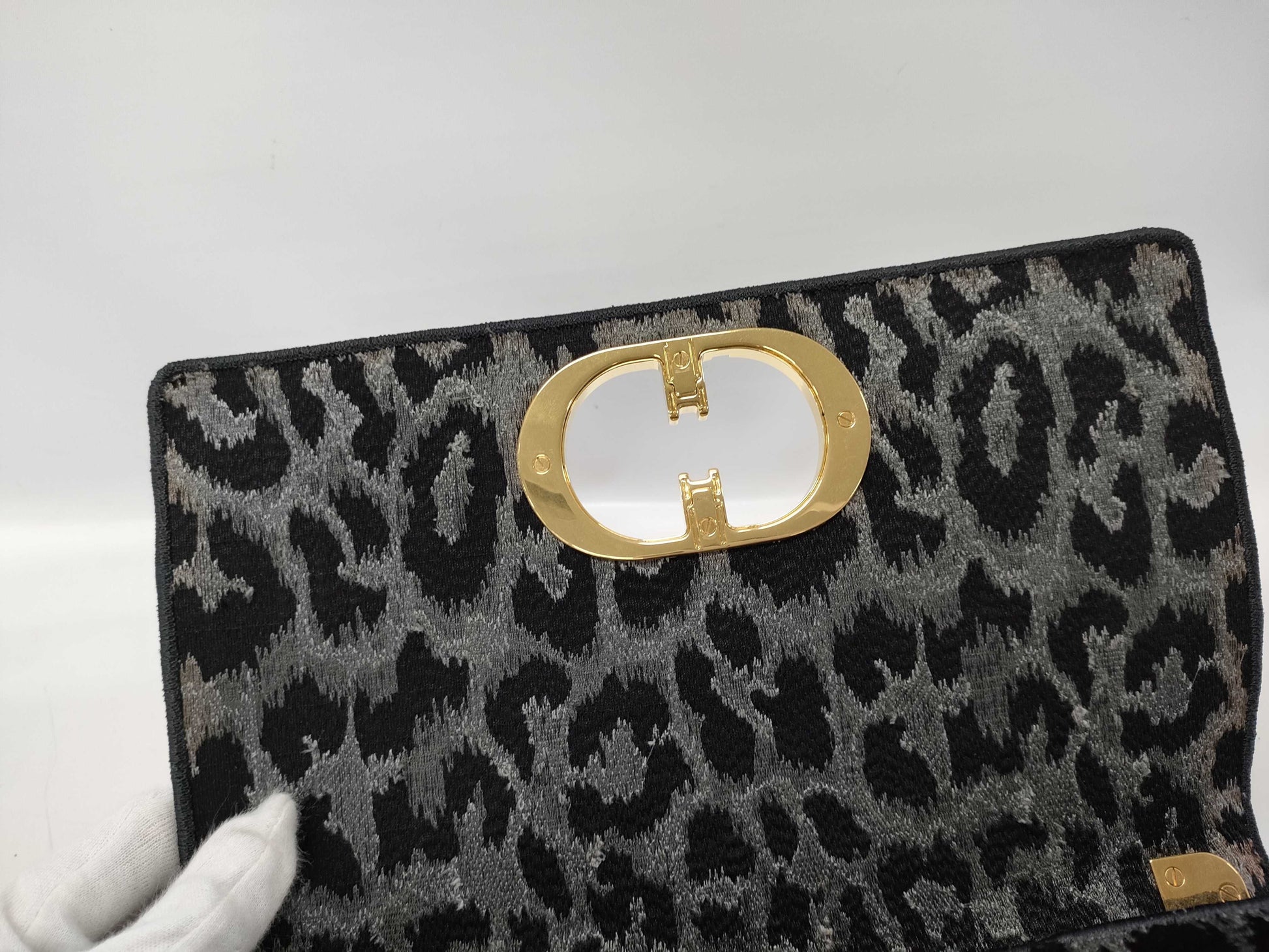 Dior Caro Leopard Print Gray Black Gold Hardware Velvet Canvas Shoulder Bag