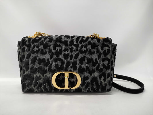 Dior Caro Leopard Print Gray Black Gold Hardware Velvet Canvas Shoulder Bag